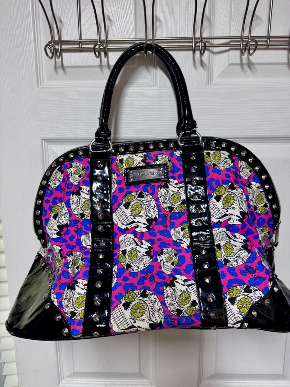 Betsey Johnson Pink Skull-Print Studded Weekend Bag
